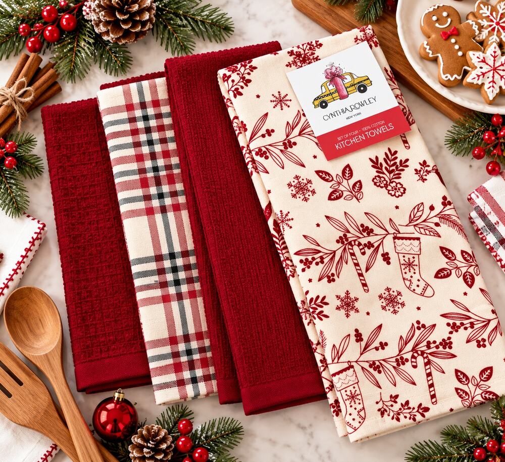 Cynthia Rowley Christmas Kitchen Towels Set of 4 Burgundy Plaid NWT